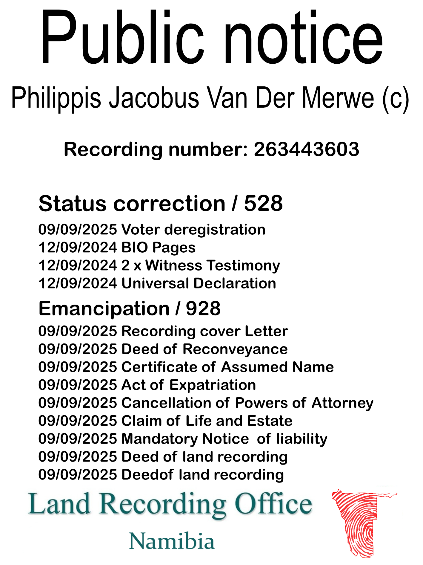 Public Notice Philippis Jacobus Van Der Merwe Recording Number 263443603